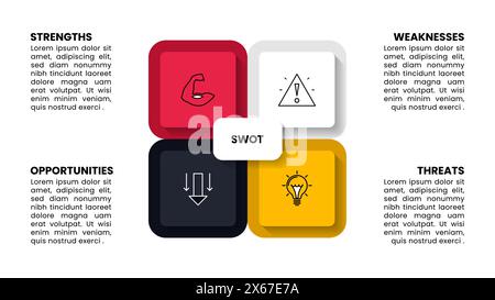 Modèle d'infographie avec icônes et 4 options ou étapes. Analyse SWOT. Peut être utilisé pour la mise en page de flux de travail, diagramme, bannière, webdesign. Illustration vectorielle Illustration de Vecteur