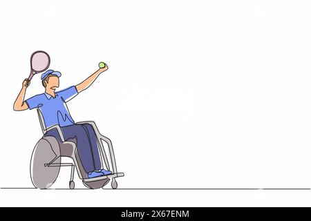 Athlète masculin handicapé dessinant une ligne continue jouant au tennis assis dans un fauteuil roulant. sportif tenant la raquette et servir le ballon. Un lin Illustration de Vecteur