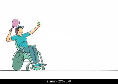 Une ligne continue dessinant une athlète handicapée jouant au tennis assise en fauteuil roulant. sportive tenant la raquette et servant le ballon. Simple Illustration de Vecteur