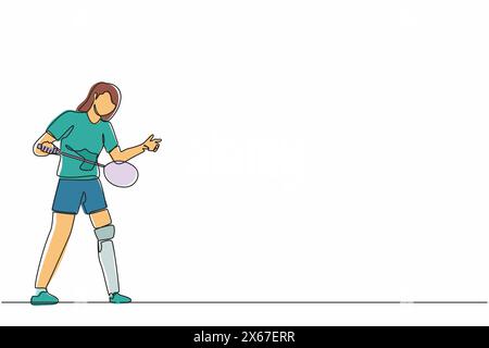 Une seule ligne continue dessinant une athlète féminine jouant au badminton. femme avec une jambe prothétique tenant la raquette. Personne handicapée effectuant des sports AC Illustration de Vecteur