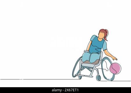 Athlète dessinant une seule ligne jouant au basket-ball assis dans un fauteuil roulant. femme avec jambes paralysées s'entraînant avec balle. Personne handicapée effectuant des Illustration de Vecteur