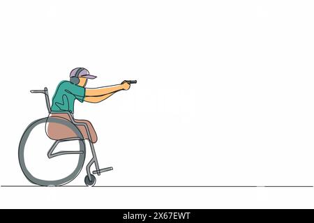 Simple une ligne dessinant jeune sportif en fauteuil roulant engagé dans le tir sportif avec un pistolet. Loisirs et intérêts des personnes handicapées. Contin Illustration de Vecteur