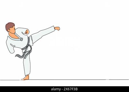 Athlète masculin à dessin de ligne continue unique avec handicap pratiquant le taekwondo. sportif faisant une pose de pied dans un tournoi sportif. Dynamique d'une ligne d Illustration de Vecteur