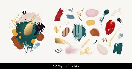 Formes d'aquarelle. Éléments de pinceau abstrait. Texture artistique avec éclaboussure de ligne de couleur. Traits de feuille d'or. Coups de pinceau. Taches de peinture acrylique. El Illustration de Vecteur