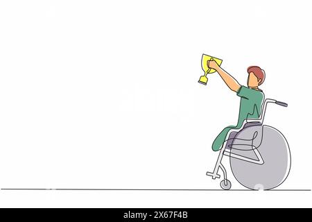 Dessin continu d'une ligne heureux sportif en fauteuil roulant tenir le trophée de coupe d'or. récupération de personne. Compétition de jeu, entraînement sportif, défi. Illustration de Vecteur