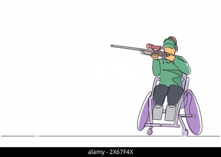 Continu une ligne dessinant athlète féminine sur la compétition sportive de tir en fauteuil roulant avec fusil de chasse. Loisirs et intérêts des personnes handicapées. S Illustration de Vecteur