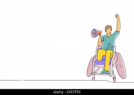 Simple une ligne dessin heureux handicap jeune homme en fauteuil roulant célébrant la victoire de l'équipe de football avec mégaphone. utilisateur de fauteuil roulant pour ventilateur de football. Suite Illustration de Vecteur