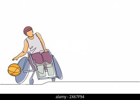 Athlète dessinant une ligne continue jouant au basket-ball assis dans un fauteuil roulant. homme aux jambes paralysées entrainant avec balle. Personne handicapée faisant Illustration de Vecteur