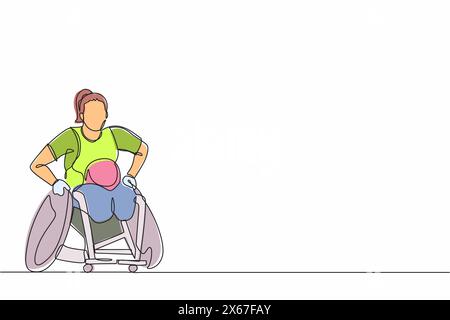 Une seule ligne dessinant une sportive handicapée joue au rugby sur une compétition sportive en fauteuil roulant. joueur de rugby en fauteuil roulant. Athlète avec trouble physique. C Illustration de Vecteur