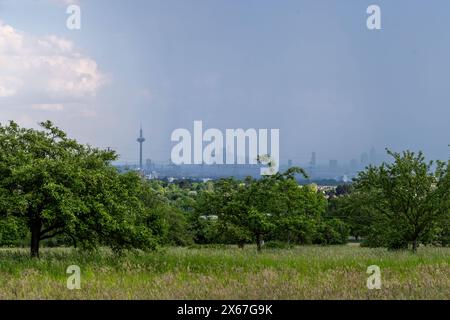 Gewitter über Frankfurt Dunkle Wolken eines Gewitters sind am Nachmittag am Himmel über der Frankfurter Skyline zu sehen., Oberursel Hessen Deutschland *** orage au-dessus de Francfort des nuages sombres d'un orage peuvent être vus dans le ciel au-dessus de la ligne d'horizon de Francfort dans l'après-midi , Oberursel Hessen Allemagne Banque D'Images