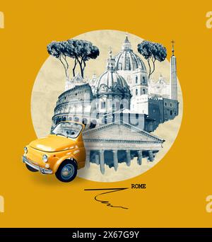 Collage de monuments célèbres de Rome. Le design d'art moderne des meilleures vues de Rome, Italie à Europe. Banque D'Images