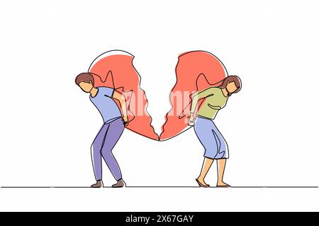 Simple une ligne dessinant le cœur brisé porté par l'homme et la femme. Concept de casse-coeur de divorce. Conflit familial. Rompre la relation. Couple marié en colère Illustration de Vecteur