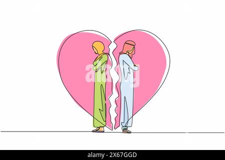 Une ligne continue dessinant un couple arabe malheureux se tenant les bras croisés. Conflit familial. Rompre la relation. Couple marié homme femme en colère, triste aga Illustration de Vecteur