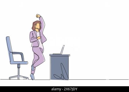 Ligne continue unique dessinant femme d'affaires heureuse sautant et dansant sur son lieu de travail. Responsable féminin célébrant le succès de l'entreprise croissante Illustration de Vecteur