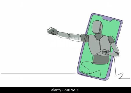 Robot de dessin simple d'une ligne sortent du téléphone cellulaire avec poing punch pose. Développement technologique futur. Intelligence artificielle et machine le Illustration de Vecteur