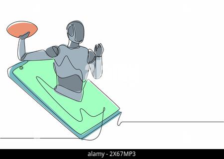 Un seul robot de dessin de ligne sortent du téléphone portable et jettent le ballon de football américain. Technologie future. Intelligence artificielle, apprentissage automatique Illustration de Vecteur