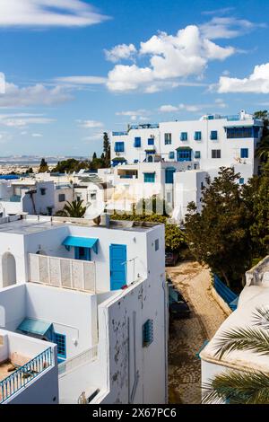 Les maisons traditionnelles typiques, terrasses sur le toit. Madina blanche à Sidi Bou Said près de Tunis. Tunisie, Afrique du Nord Banque D'Images