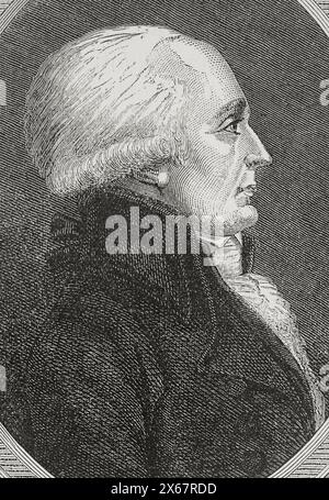 Etienne clavière (1735-1793) Banquier et homme d'affaires français d'origine suisse, né à Genève. Il est actif en politique pendant la Révolution française. Ministre des finances de la France (du 24 mars au 12 juin 1792 et du 10 août 1792 au 2 juin 1793). Il est l'un des membres fondateurs et le premier président de la Société des amis des Noirs et du Club des Jacobins. Portrait. Gravure. "Histoire de la Révolution française". Volume I, 1876. Banque D'Images