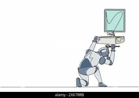 Lavabo de réparation de plombier de robot dessinateur de ligne continue unique dans la salle de bains et les tuyaux de plomberie. Intelligence artificielle robotique. Technologie électronique Illustration de Vecteur