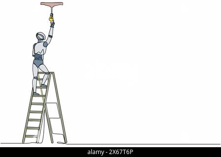 Simple électricien ouvrier de robot de dessin d'une ligne sur l'échelle changer d'ampoule. Développement technologique futur. Apprentissage automatique de l'intelligence artificielle. Illustration de Vecteur