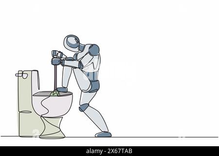 Robot de dessin de ligne continue unique fixe la fuite ou le colmatage des toilettes de plomberie, outils de réparation de plombier. Intelligence artificielle robotique. Techno. Électronique Illustration de Vecteur