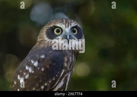 Chouette couchée (Ninox novaeseelandiae), captive Banque D'Images