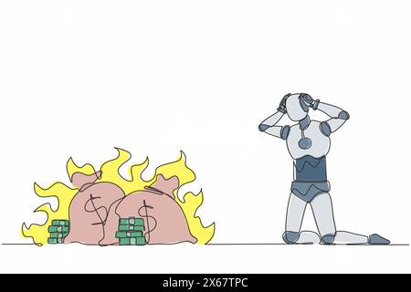 Robot dessinant une seule ligne agenouillé. Les finances brûlent. Crise financière mondiale. Technologie future. Apprentissage automatique de l'intelligence artificielle. CON Illustration de Vecteur