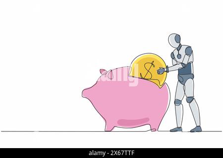 Robot de dessin continu à une ligne mettant une pièce de monnaie d'un dollar dans une tirelire. Organisme cybernétique robot humanoïde. Futur concept de développement robotique. Simple Illustration de Vecteur