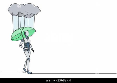 Robot de dessin continu à une ligne avec support de parapluie sous nuage de pluie. Dépression, passant par temps pluvieux. Organisme cybernétique robot humanoïde. Péché Illustration de Vecteur