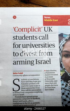 Des étudiants britanniques "complices" appellent les universités à se désengager de l'armement du journal israélien Guardian titre mai 2024 Palestine Gaza article de protestation sur la guerre Banque D'Images