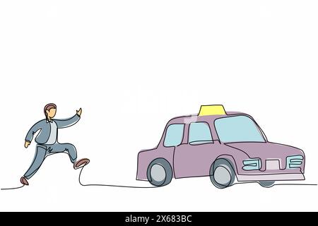 Simple une ligne dessinant homme d'affaires courir après essayer d'attraper taxi taxi taxi. Dépêchez-vous de courir pour obtenir une voiture, un véhicule de tourisme public jaune. Métaphore des affaires. Illustration de Vecteur