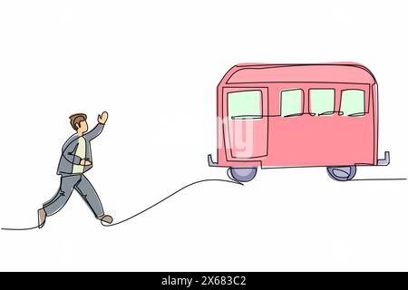 Simple ligne continue dessinant homme d'affaires courir après essayer d'attraper le train. Dépêchez-vous de courir pour obtenir le transport, le véhicule public de passagers. Affaires rencontrées Illustration de Vecteur