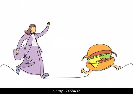 Simple ligne continue dessin femme d'affaires courir après essayer d'attraper hamburger de restauration rapide savoureux. Malbouffe, malsaine, surpoids, obésité. Entreprise m Illustration de Vecteur