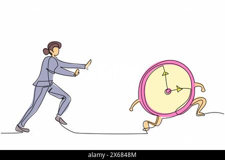 Simple dessin d'une ligne souligné femme d'affaires poursuivant le temps ou l'horloge. Employé de bureau poursuivi par les délais de travail. Manque de temps. Contin moderne Illustration de Vecteur