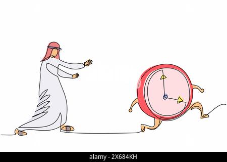 Continue d'une ligne dessinant homme d'affaires arabe poursuivant le temps. Manager fonctionne après l'horloge. Concept commercial de délai, gestion du temps, peur d'être en retard Illustration de Vecteur