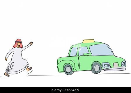 Continue d'une ligne dessinant homme d'affaires arabe courir après taxi. Directeur arabe pressé de courir pour obtenir une voiture, se déplacer avec grande hâte pour attraper pub Illustration de Vecteur