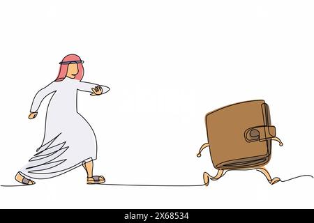 Ligne continue unique dessinant homme d'affaires arabe poursuivant le portefeuille. Portefeuilles avec des achats d'argent. Sac à main pour économiser de l'argent. Symbole commercial et financier. Busines Illustration de Vecteur