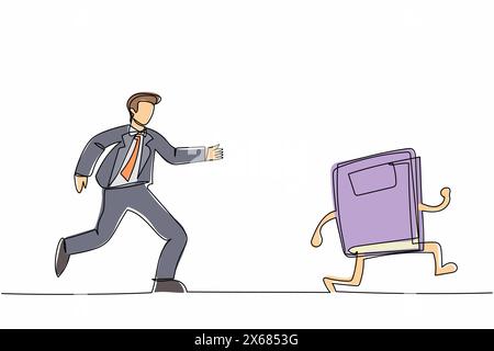 Simple une ligne dessinant homme d'affaires courir après essayer d'attraper livre de texte. Employé de bureau poursuivi par les délais de travail. Manque de temps. Business me Illustration de Vecteur