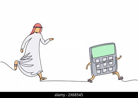 Simple une ligne dessinant un homme d'affaires arabe poursuivant la calculatrice. Concept d'audit financier ou de service comptable professionnel, calcul des dépenses. C Illustration de Vecteur
