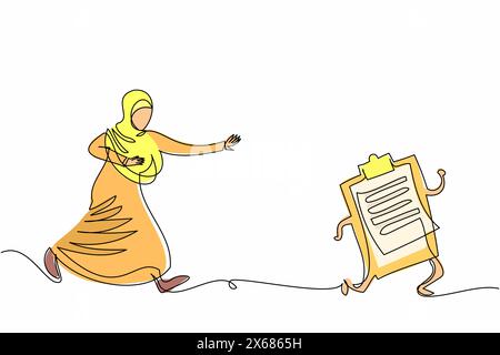 Continue d'une ligne dessinant femme d'affaires arabe poursuivant le presse-papiers. Patron arabe féminin remplissant la liste de contrôle, l'enquête, le document de signature et la paperasse. Si Illustration de Vecteur