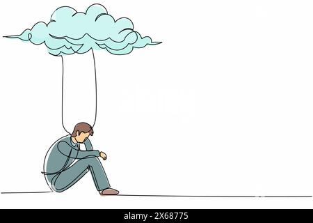 Simple ligne continue dessinant homme d'affaires déprimé se sentant triste. Assis sous la pluie et les nuages. Solitude masculine malheureuse, stress avec problème d'affaires. Illustration de Vecteur