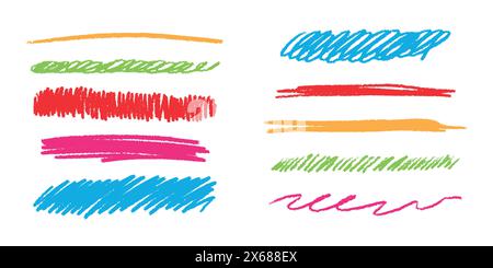 Lignes de crayon de couleur dessinées à la main et gribouilles définies sur un fond blanc. Traits droits horizontaux et collection de traits. Eléments de soulignement A. Illustration de Vecteur