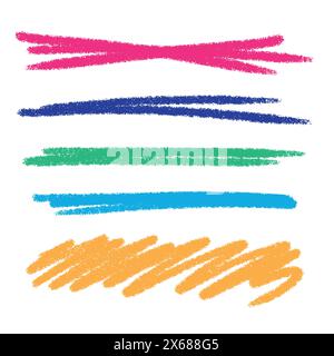 Lignes de crayon de couleur dessinées à la main et gribouilles définies sur un fond blanc. Traits droits horizontaux et collection de traits. Eléments de soulignement A. Illustration de Vecteur