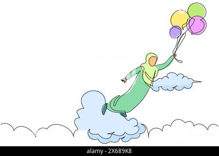 Continue d'une ligne dessinant joyeuse femme d'affaires arabe volant avec l'air de ballon dans le ciel. Employé de bureau heureux atteindre l'indépendance financière. Péché Illustration de Vecteur