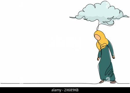 Continue d'une ligne dessinant malheureuse femme d'affaires arabe dans le stress marchant sous le nuage de pluie. Tristesse responsable dépression cause échoué dans les affaires. Péché Illustration de Vecteur