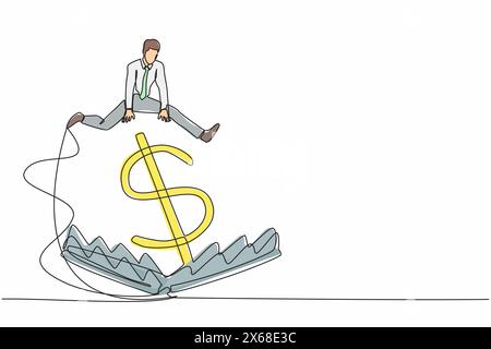Simple une ligne dessinant homme d'affaires sautant par-dessus le piège de l'argent ou le piège de la souris avec le grand argent dollar signe appât. Piège à argent financier, risque dans l'investissement Illustration de Vecteur