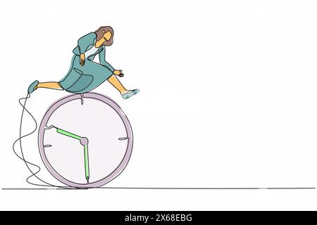 Simple une ligne dessinant la femme d'affaires sauter au-dessus du temps qui passe l'horloge. Bonne gestion du temps, planification. Planification des tâches réussie, efficacité du travail. Co Illustration de Vecteur