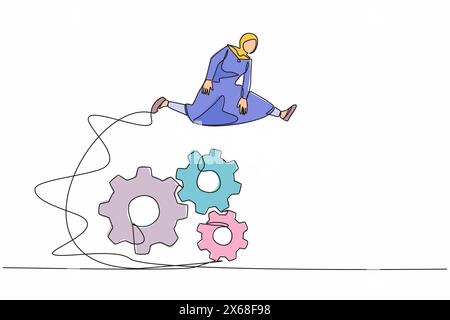 Simple une ligne dessinant femme d'affaires arabe sautant par-dessus de grands engrenages. Système de gestion d'opérations. Femme entrepreneure développant l'innovation commerciale. Co Illustration de Vecteur