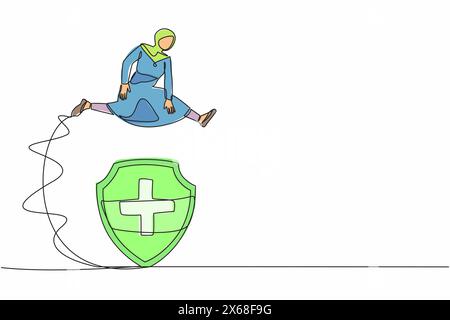Continue d'une ligne dessinant une femme d'affaires arabe sautant par-dessus un grand bouclier. La sécurité des fonds monétaires. Protection, assurance, contre les dangers commerciaux. déf. Financière Illustration de Vecteur