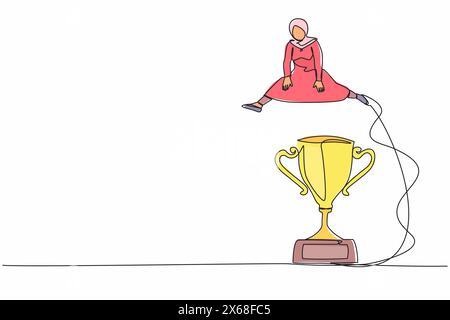 Continue d'une ligne dessinant femme d'affaires arabe sautant par-dessus le grand trophée. Défiez ou réussissez dans la concurrence commerciale. Célébrez la réussite professionnelle. S Illustration de Vecteur